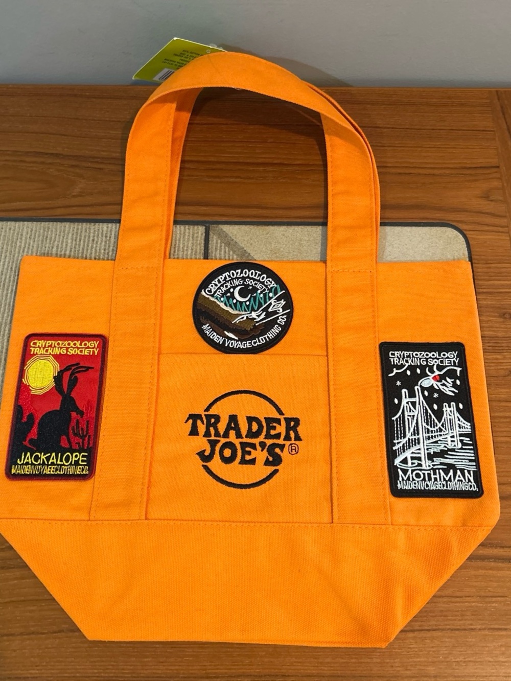 Upcycled Trader Joe's Orange Canvas Tote with Cryptozoology Patch Accents